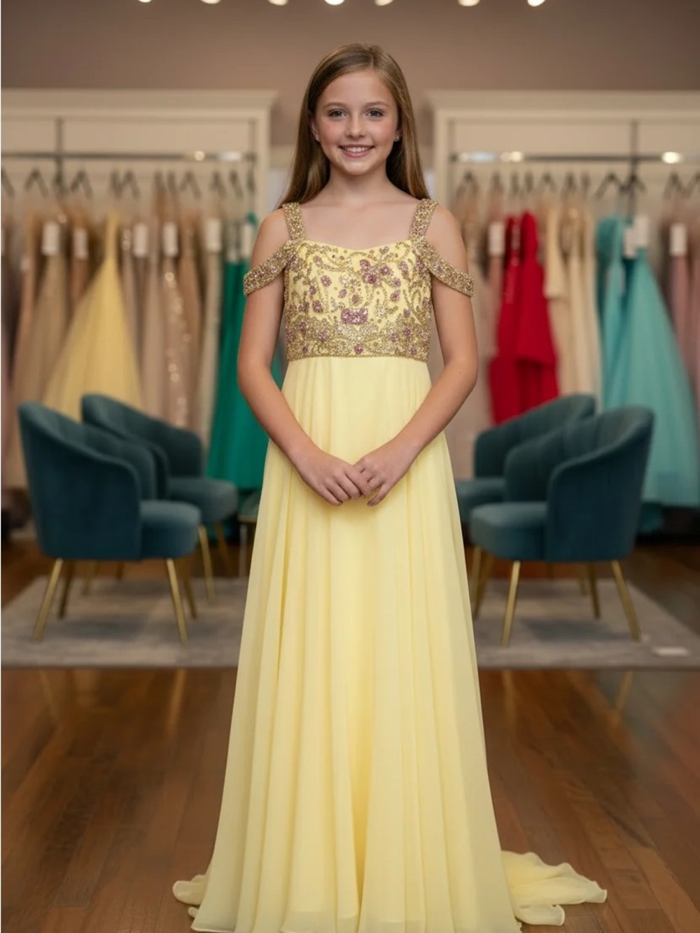 Sherri Hill Yellow Beaded Cold-Shoulder Girls Gown